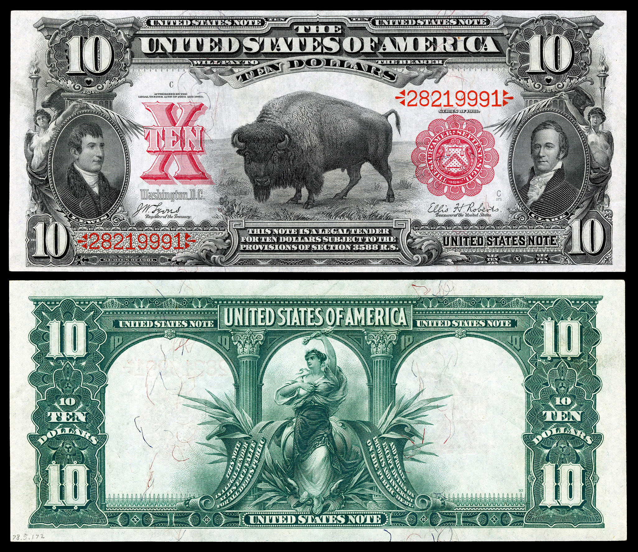 United States  Banknote, Legal Tender, Series of 1901 (Fr. Ref#114), depicting Meriwether Lewis and William Clark of the Lewis & Clark Expedition. The central portrait is a depiction of an American bison which may be modeled after Black Diamond, a bison once housed in the Central Park Zoo.