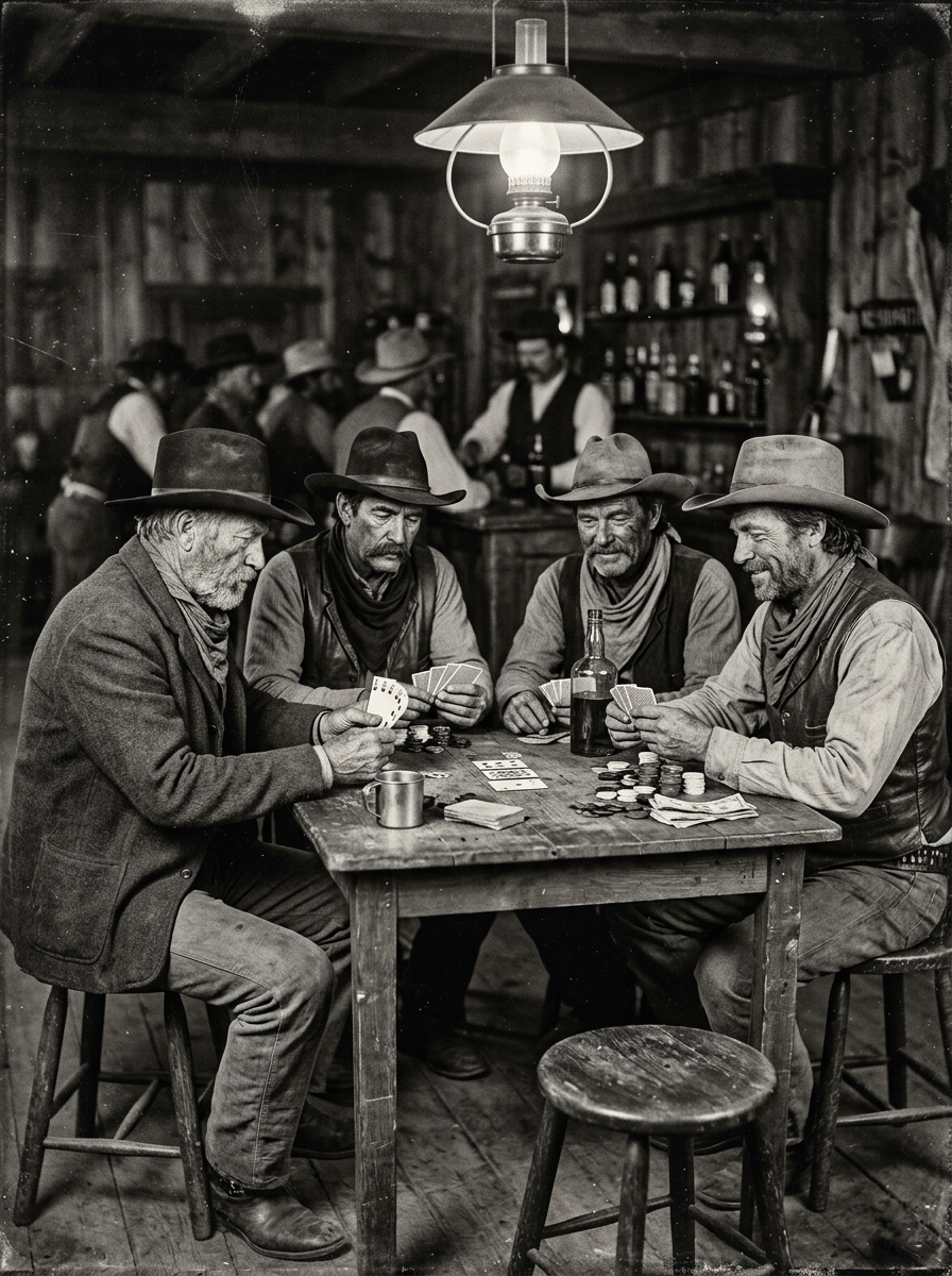 Four men wearing cowboy hats playing poker at a wooden table in a saloon